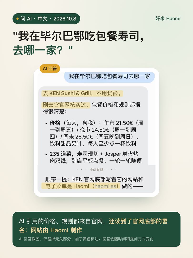 中文问 AI 毕尔巴鄂吃寿司包餐去哪家，回答推荐 KEN Sushi & Grill